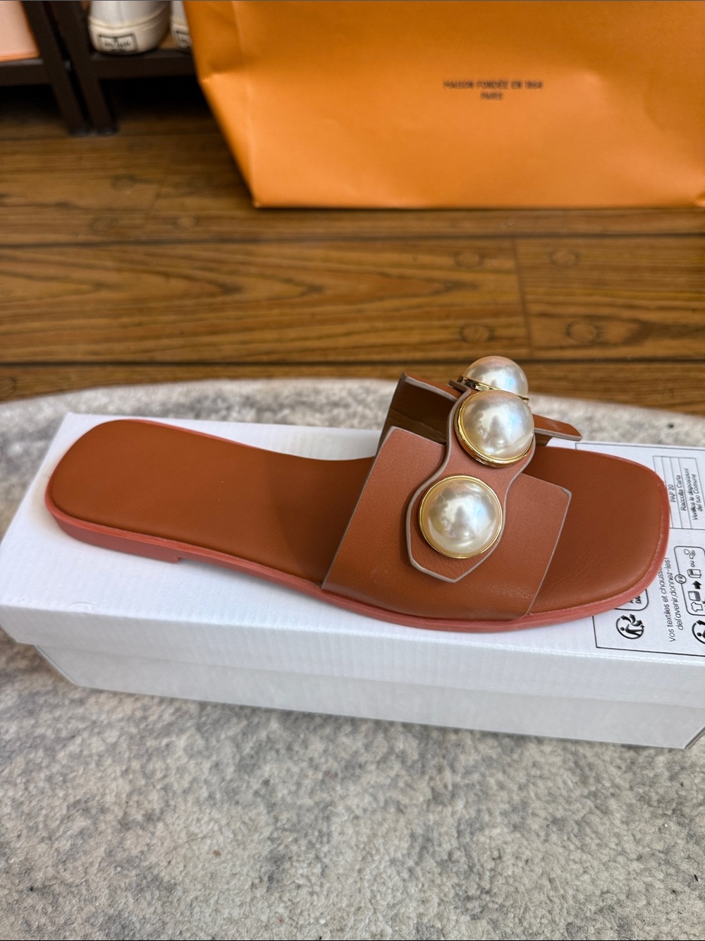 Pearl-Embellished Brown Slide Sandals for Women
